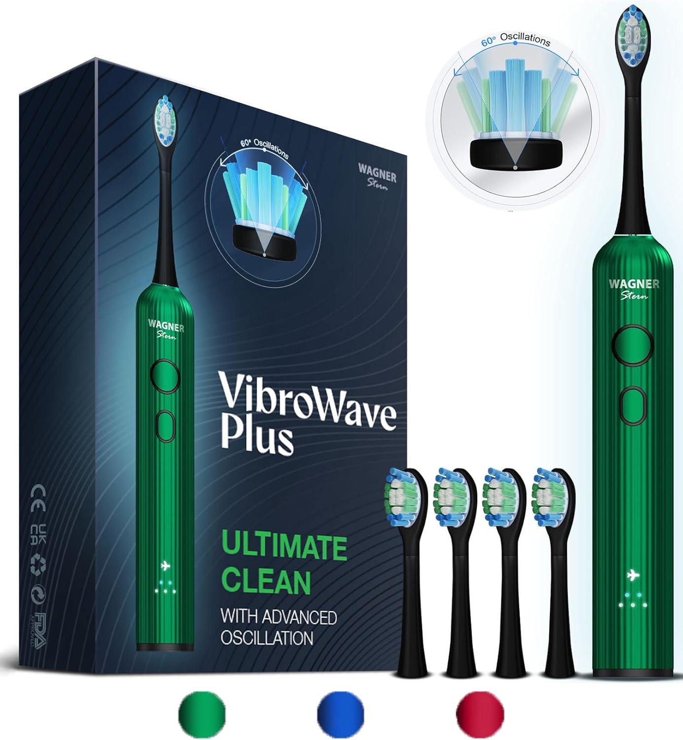Wagner Stern VibroWave Plus Oscillation & Vibration Sonic Electric Toothbrush with 4 Brush Heads. IPX7 Waterproof.