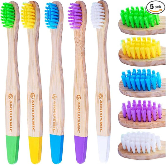 Kids Bamboo Toothbrushes 5 Pack, Children's Toothbrush Soft Bristles Eco Friendly Biodegradable Wooden Handle Tooth Brush