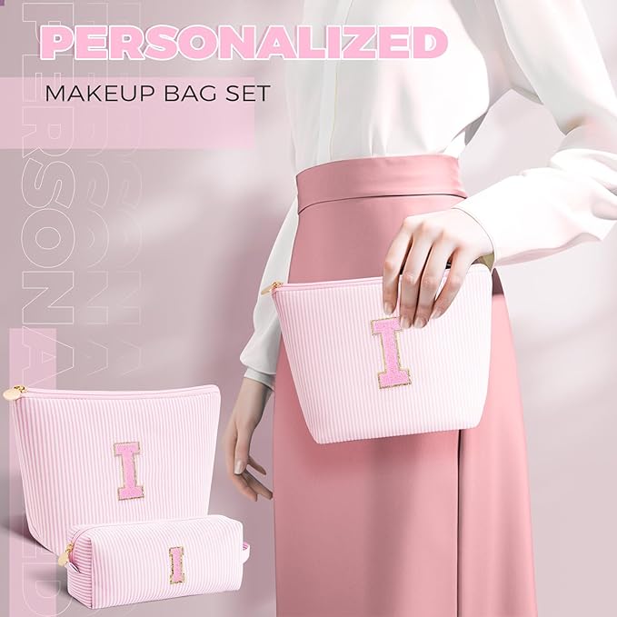 Personalized Makeup Bag for Women Girls - Fashion Cosmetic Bag Trendy Travel Toiletry Bag with Initials Letter - Teen Gifts - Pink,I