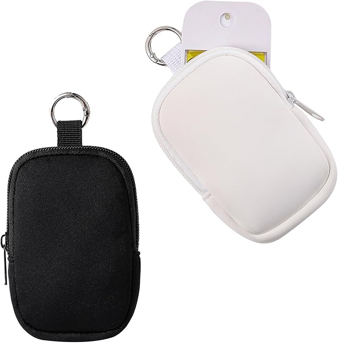 2Pcs Small Makeup Bag, Mini Portable Travel Cosmetic Bag, Soft Neoprene Makeup Pouch with Zipper, Fashion Accessory with Snap Hook, Cute Coin Purse Lipstick Cosmetic Travel Organizer(Black+ White)