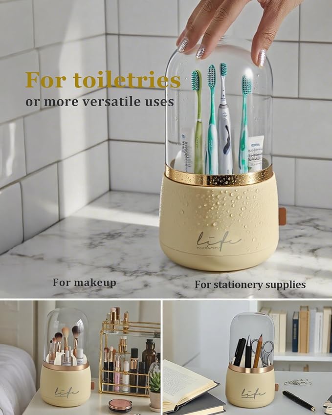 bubooo 360° Rotating Toothbrush Holder for Bathroom - Non-Slip Space-Saving 7-Slot with Cover & Drainage, Electric Toothbrushes/Toothpaste/Razor Organizer for Counter Vanity (beige)
