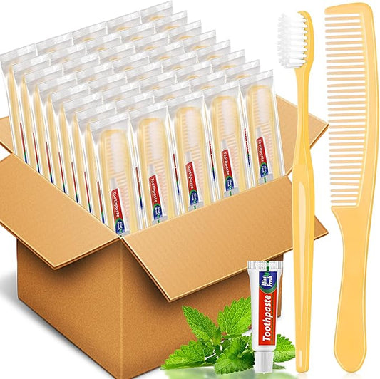 NICEMOVIC 360 Pack Disposable Toothbrushes Bulk with Toothpaste and Comb Travel Size Toothpaste Set Homeless Care Package Supplies for Bulk Individually Wrapped Disposable Travel Hotel Charity, Yellow