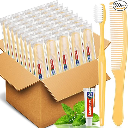 NICEMOVIC 500 Pack Disposable Toothbrushes Bulk with Toothpaste and Comb Travel Size Toothpaste Set Homeless Care Package Supplies for Bulk Individually Wrapped Disposable Travel Hotel Charity, Yellow