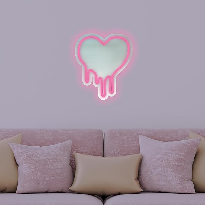 Pink Heart LED Light with Melting Design, Mirror Neon Sign for Bedroom Wall Decor, Light Pink Heart Wall Mirror, 12”x11” Neon Sign for Girls Room