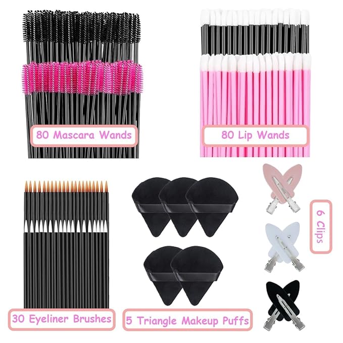 201pcs Disposable Makeup Applicators Kit with 80 Mascara wands 80 Disposable Lip Applicators 30 Eyelash liner Brushes 5 Triangle Makeup Puffs and 6 Bobby Pins for Makeup Artist Supplies