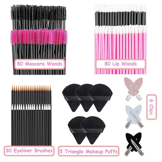 201pcs Disposable Makeup Applicators Kit with 80 Mascara wands 80 Disposable Lip Applicators 30 Eyelash liner Brushes 5 Triangle Makeup Puffs and 6 Bobby Pins for Makeup Artist Supplies