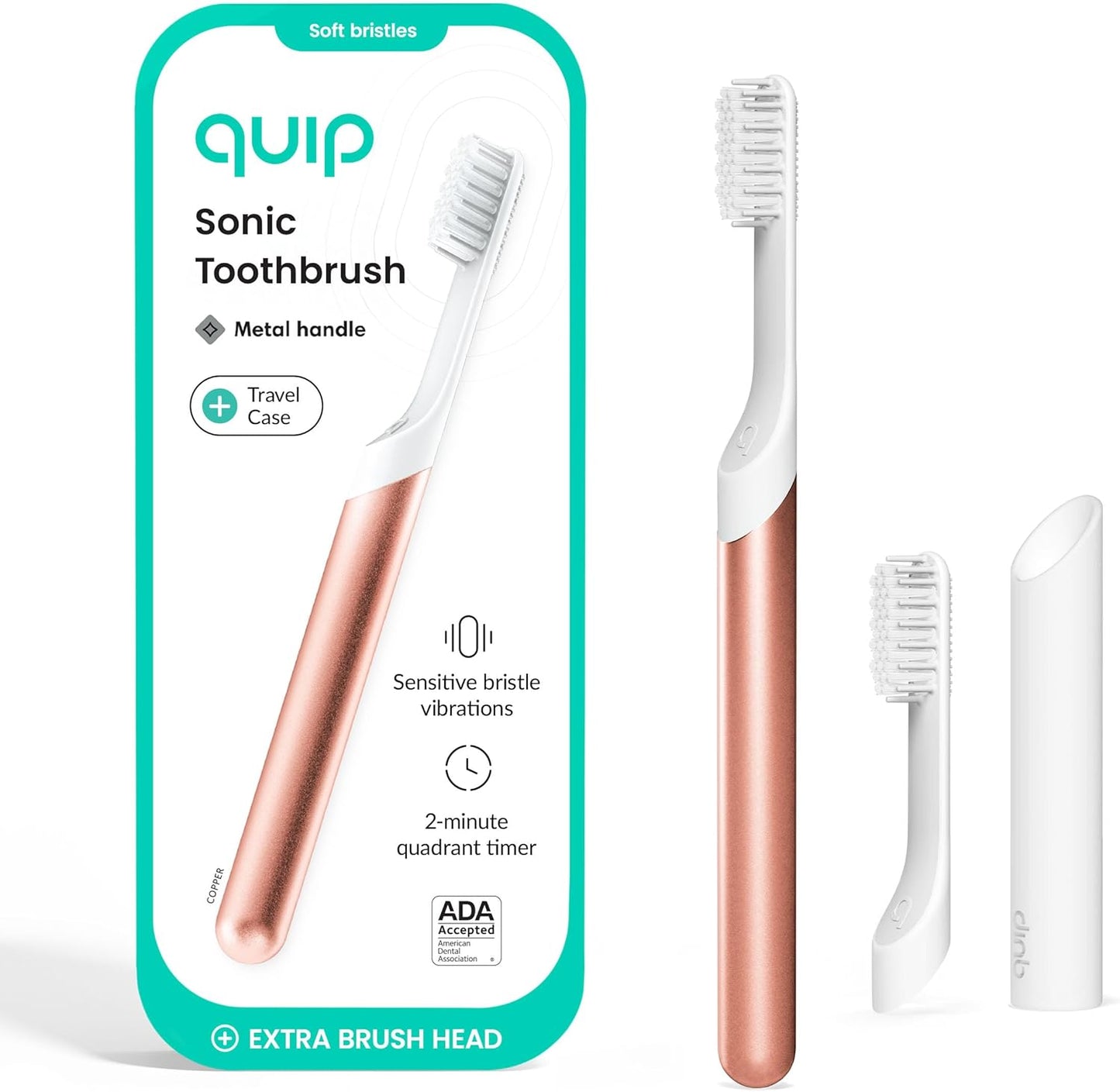 Quip Metal Sonic Electric Toothbrush for Adults - Time Travel & Soft Bristles with Travel Case & Replacement Brush Head - 3 Month Battery Life - Copper