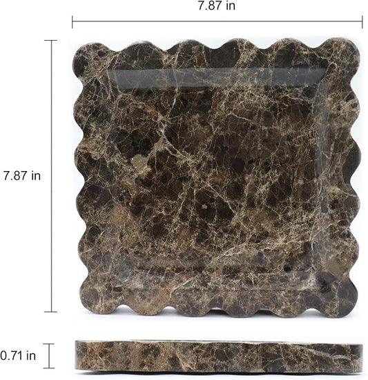 Square Marble Decorative Tray with Scalloped Edge, Luxury Natural Stone Bathroom Vanity Tray, Dresser Top Perfume Coffee Home Kitchen Sink Tray, Key Trinket Ring