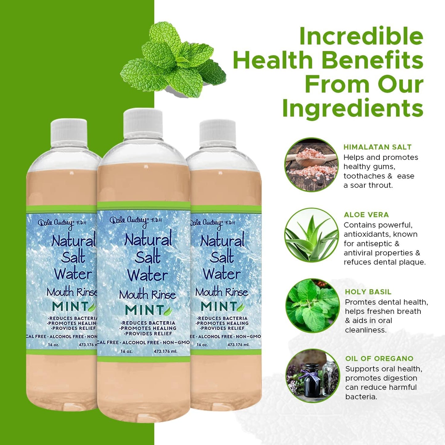 3 Pack Natural Saltwater Mouth Rinse | Himalayan Pink Salt Water Oral Rinse | Organic Refreshing Mint Flavor Fluoride & Alcohol Free Mouthwash for Fresh Breath | Natural Gum Care Mouthwash-16 FL Oz