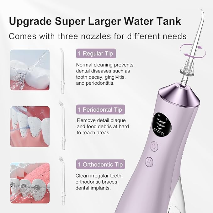 Water Dental Flosser for Teeth, Portable Cordless Water Flosser with 300ML Rechargeable with Type-C, IPX7 Waterproof Water Flossers for Adults with 3 Intensity Modes and 3 Flossing Tips