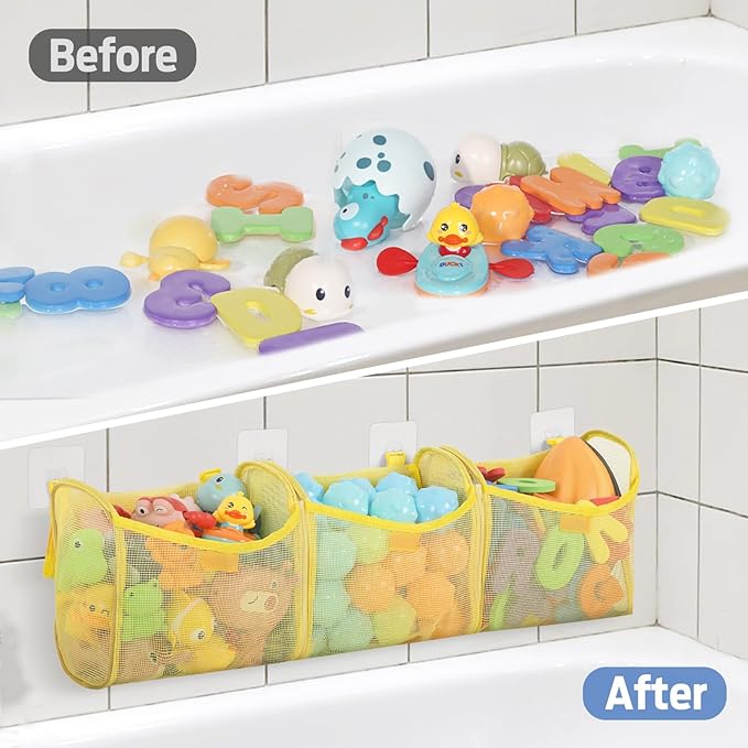 Bath Toy Storage, Goowin Bath Toy Holder, 3 Compartment Large Openings Bath Toy Organizer, Large Capacity Bath Tub Toy Holder, Kids Bathtub Toy Storage for Accessing & Sorting Toys (Yellow, Upgrade)