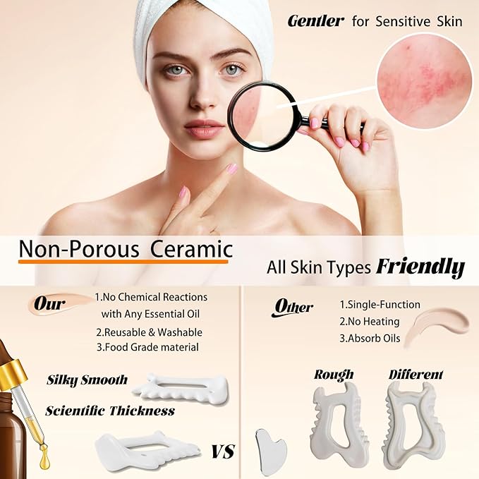 Ceramic Gua Sha Tool for Face & Body, Christmas Gifts for Adults Mon, 6 in 1 Facial Massage, Lymphatic Drainage, Jaw Lifting, Puffiness Care, Neck Massage for Stress Relief - Home Self Care, White