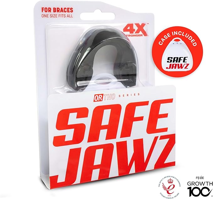 SAFEJAWZ Mouthguard for Braces, Upper & Lower Protection Remoldable Mouth Guard with Case for Boxing, Basketball, Football, MMA, Lacrosse, Hockey and All Contact Sports One Size (Black)
