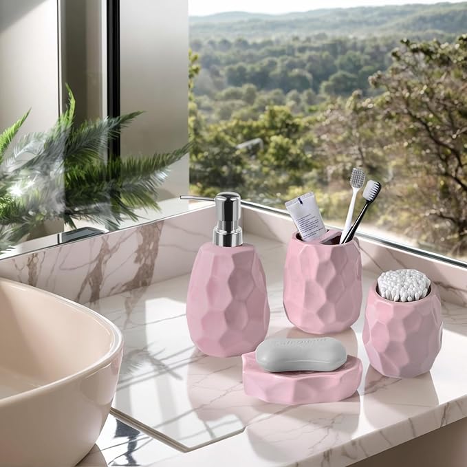 Ceramic Bathroom Accessories Set 4 PCS,Bathroom Toothbrush Holder Set,Soap and Toothbrush Holder Set,Include Toothbrush Holder,Soap Dispenser,Tumbler,Soap Dish,Bathroom Sets Decor Organizer (Pink)