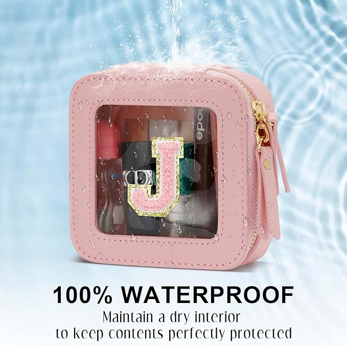 Christmas Gifts for Girls - Initial Clear Toiletry Bag, Small Cosmetic Bags for Girls with Zipper, Potable Mini Makeup Bag for Birthday, Graduation (Pink, J)