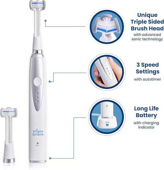 Triple Bristle Kids Sonic Toothbrush | 2 Pack | 3-Sided Brushing to Clean Teeth and Gums | Dentist Created & Approved | Fun Sticker Rewards | Rechargeable Toothbrush