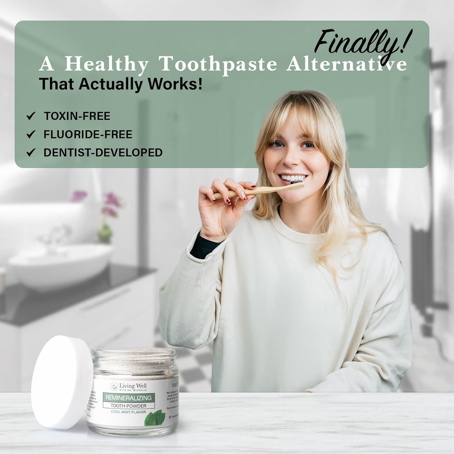 Living Well with Dr. Michelle Remineralizing Tooth Powder | Fluoride-Free Hydroxyapatite Formula | Supports Enamel Strength & Oral Wellness | Safe, Clean Ingredients | Cool Mint Flavor