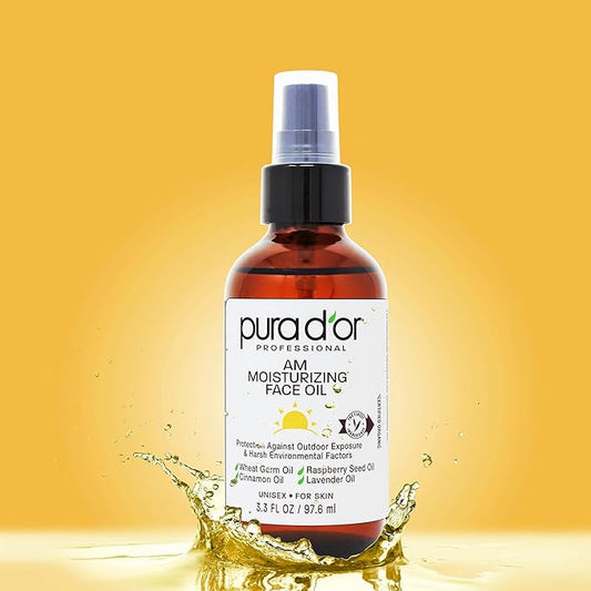PURA D'OR 3.3 Oz ORGANIC AM Moisturizing Face Oil - Morning Glow Hydrating Skincare -Lightweight Moisturizer for Glowing Skin - All Natural, Vegan, Paraben-Free - Women & Men