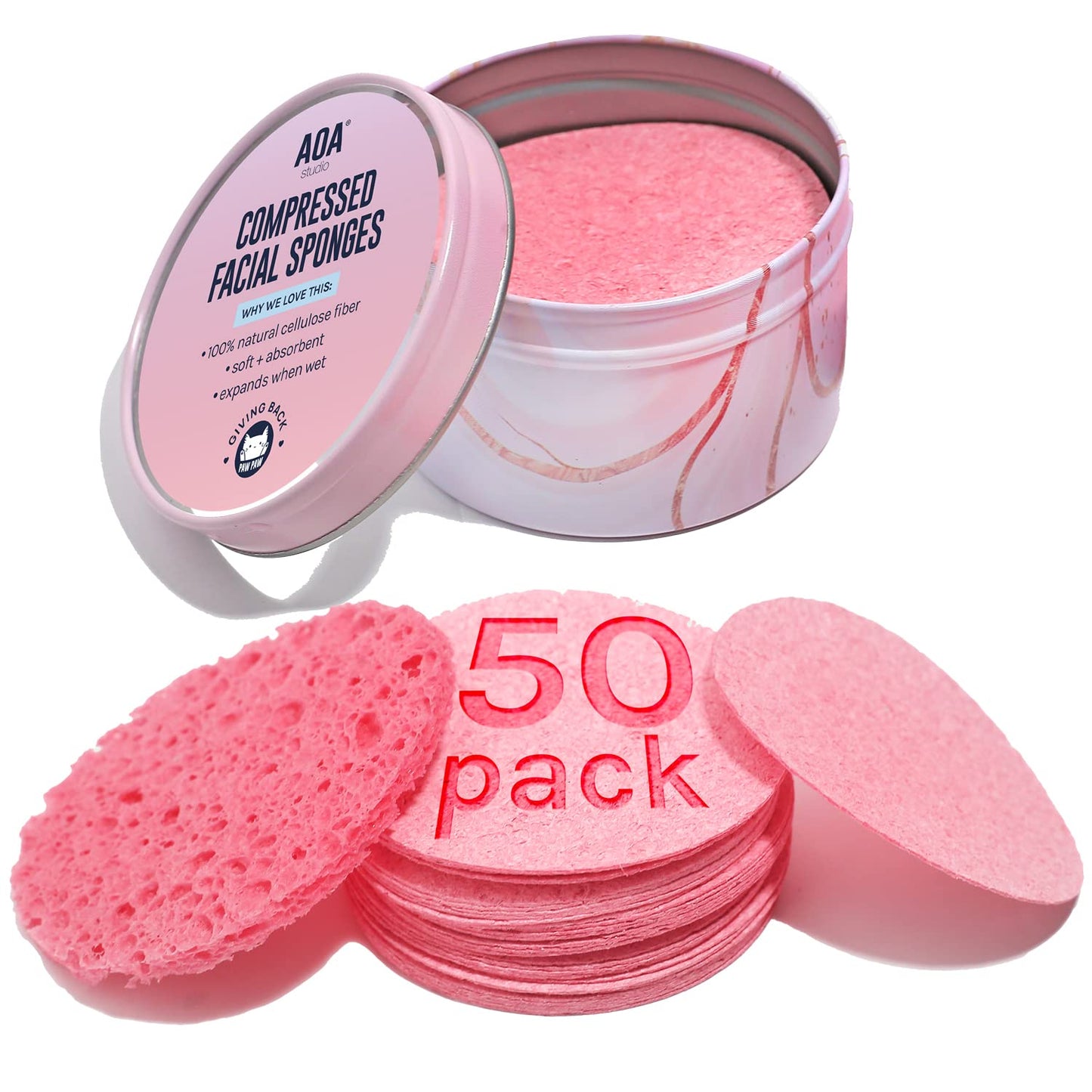 AOA Studio 50-Count Compressed Facial Sponges 100% Natural Cosmetic Spa Sponges for Facial Cleansing, Exfoliating Mask, Remove for Makeup, Dead Skin, and Dirt (50 counts, Pink)