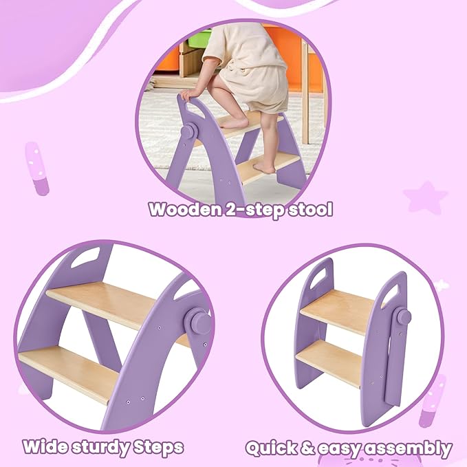 Wooden Step Stool, 300 lb. Load Capacity, with Safety Non-Slip Pads and Handles, Bamboo Step Stool for Bathroom and Kitchen, Gift for Christmas (Purple)