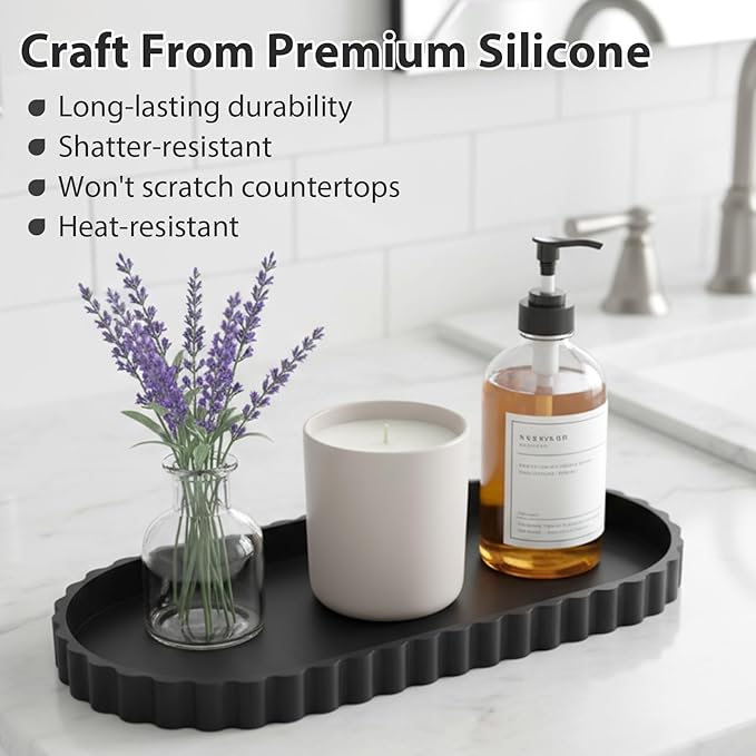 Silicone Bathroom Tray-12 Inch Oval Vanity Tray Countertop Organizer,Decorative Soap & Cosmetic Holder Modern Bathroom Decor,Decorative Tray for Candle, Perfume, Plants (Black, 2PCS)