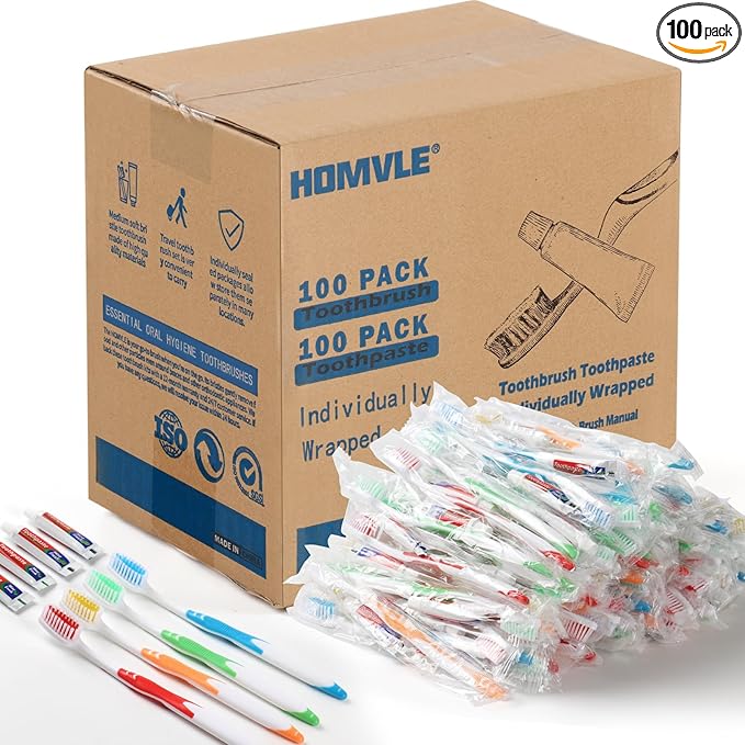 HOMVLE 100 Packs Disposable Toothbrushes with Toothpaste, Individually Wrapped Buld Toothbrush and Toothpaste Buld for Travel Size Toiletries, OCC, Airbnb, Dentist, Office/4 Colorful