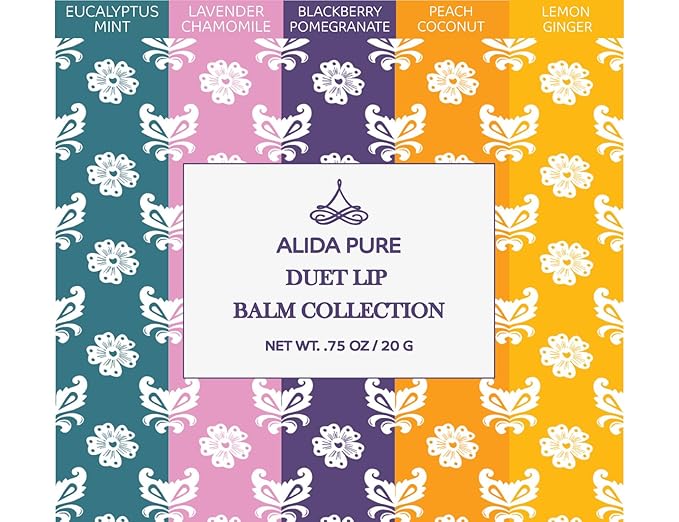 ALIDA PURE Duet Lip Balm Collection, Vegan Set, Beeswax Free, with Organic Jojoba, and Avocado Oil, Vitamin E, Natural Moisturizer for Dry, Chapped Lips, 5 Tube Set