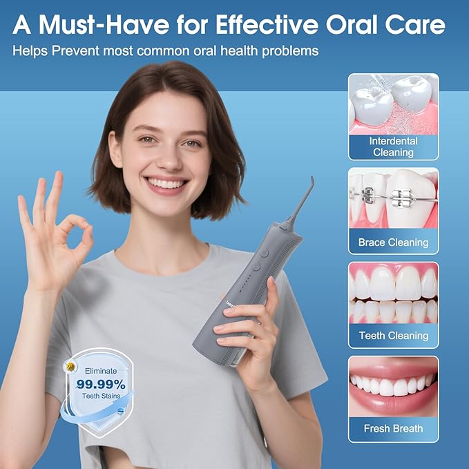 Leominor Water Flosser - 5 Modes Cordless Portable Oral Irrigator, IPX7 Waterproof, Rechargeable Teeth Cleaner Professional Flossing Cleaning Pick for Home Travel (Gray)