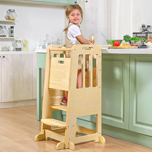 WINGYZ Toddler Kitchen Stool – Adjustable Helper Tower for Kids with Safety Rail, Wooden Standing Step-Up Stool, Sliding Door & Stable Base, Natural Wood