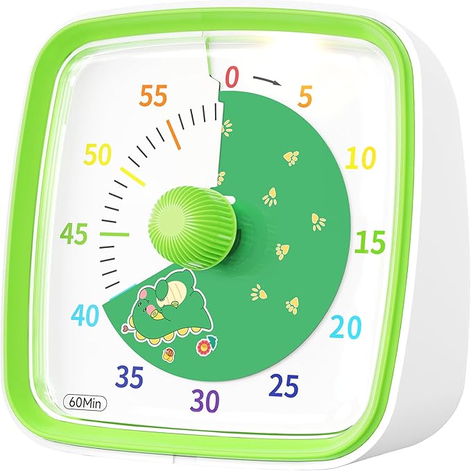 Yunbaoit Visual Timer with Night Light, 60-Minute Dinosaur Countdown Timer for Kids and Adults, Time Management Tool for Home, School, Kitchen, or Office (Green)
