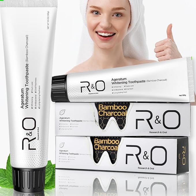 R&O Ageratum Whitening Toothpaste with Bamboo Charcoal, 3.53 oz - Removes Stubborn Stains, Great for Teeth Whitening, Reduces Plaque, Promotes Oral Health with Long - Lasting Fresh Breath (2 Tubes)