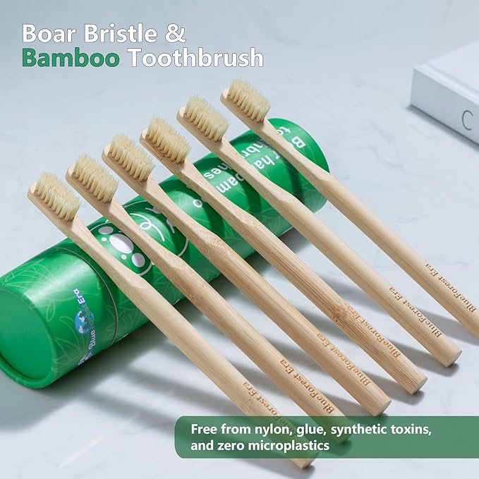 Boar Bristles & Bamboo Toothbrush, Premium Boar Bristle Toothbrush for Adult, Plastic & Nylon Free, Eco-Friendly Natural Biodegradable Compostable Bamboo Tooth Brushes 6 Pack