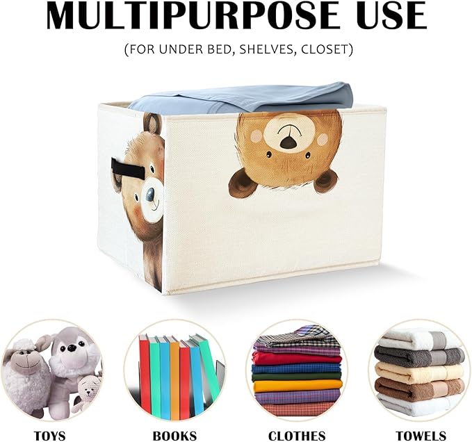 Rectangular Bear Basket Cute Animal Woodland Storage Basket Organizer Bins With Handles,Toy Baskets Storage Kids,Bear Laundry Baskets Organizer Collapsible Basket for Nursery Bedroom Bathroom