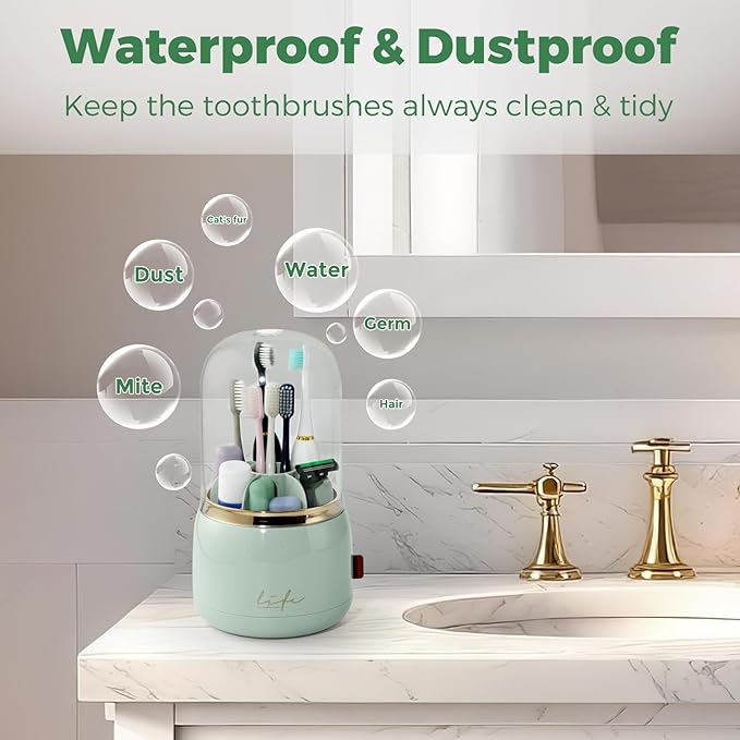 Toothbrush Holders for Bathrooms, Rotating 7 Slots Toothbrush Holder with Cover, Kids Electric Toothbrush and Toothpaste Holders for Caddy for Bathroom Vanity, Sink, Countertop, Light Green