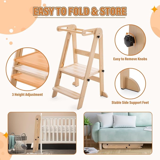 Foldable Toddler Tower - Kitchen Step Stool Helper for Kids 1-6 Years, Montessori Toddler Standing Tower with 3 Adjustable Height for Kitchen Counter Bathroom