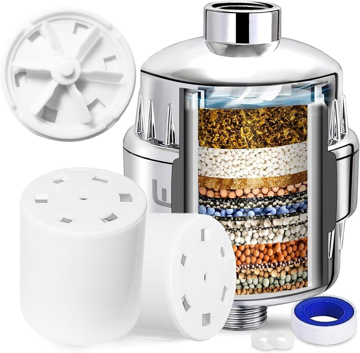 20 Stage Shower Filter with Spin Propeller w/ 2 Cartridge, Reduce Well Hard Water Chlorine Heavy Metal & Impurity, Improve Skin Hair, Fit Most Handheld Shower head Fixed Rainfall, Chrome (Chrome)