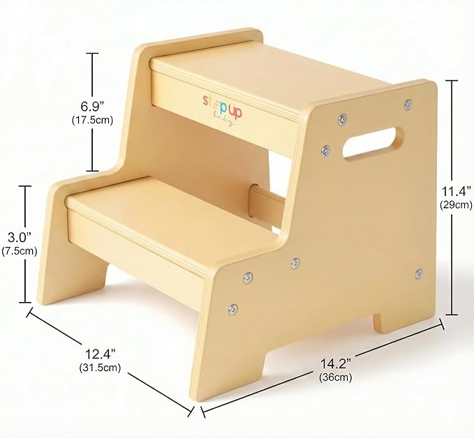 Stepup Baby Wooden Step Stool for Kids Varnished – 2-Step Toddler Stool with Handles, Birch Plywood, Anti-Tip Base & Rounded Corners – Bathroom Sink & Countertop Step Stool