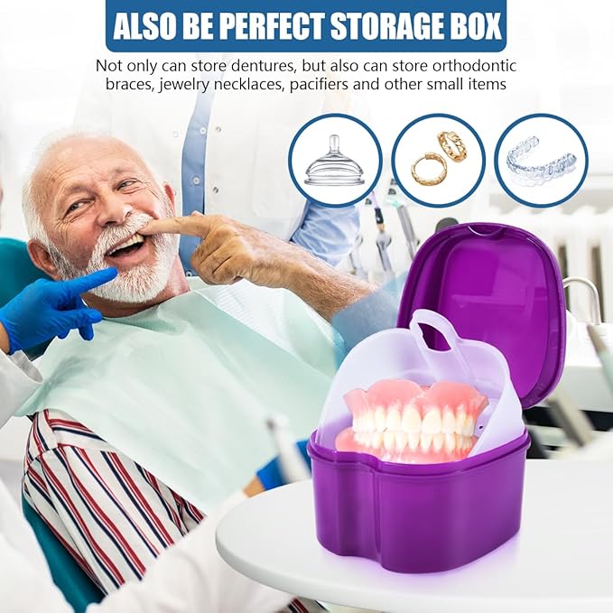 2 Pack Colors Denture Bath Case Cup Box Holder Storage Soak Container with Strainer Basket for Travel Cleaning (Light Blue and Purple)