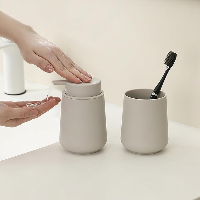 Matte Beige Bathroom Accessories 2 Piece Set Plastic Soap Dispenser and Toothbrush Holder for Modern Bathroom Decor