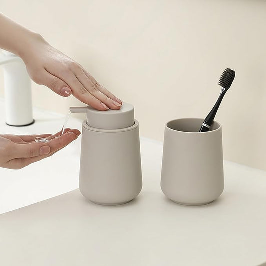 Matte Beige Bathroom Accessories 2 Piece Set Plastic Soap Dispenser and Toothbrush Holder for Modern Bathroom Decor