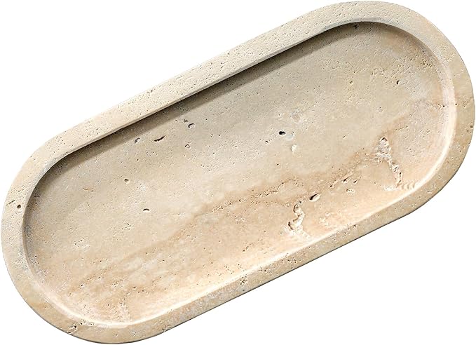 Bathroom Vanity Tray, Natural Marble Oval Sink Tray 10 Inch, Beige Travertine Vanity Tray for Soap Dispenser Modern Countertop Organizer for Kitchen Countertops, Home Decor