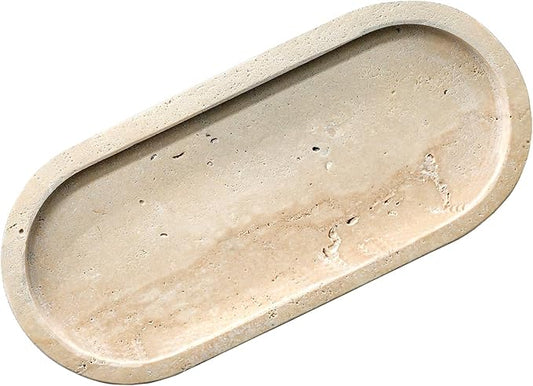 Bathroom Vanity Tray, Natural Marble Oval Sink Tray 10 Inch, Beige Travertine Vanity Tray for Soap Dispenser Modern Countertop Organizer for Kitchen Countertops, Home Decor