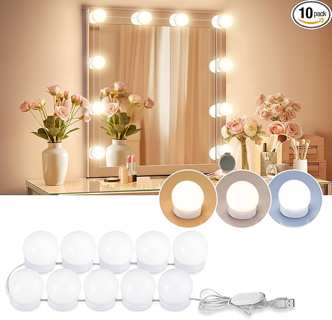 LED Vanity Lights For Mirror, Consciot Hollywood Style With 10 Dimmable Bulbs, Adjustable Color & Brightness, USB Cable, Stick on for Makeup Table Dressing Room Mirror