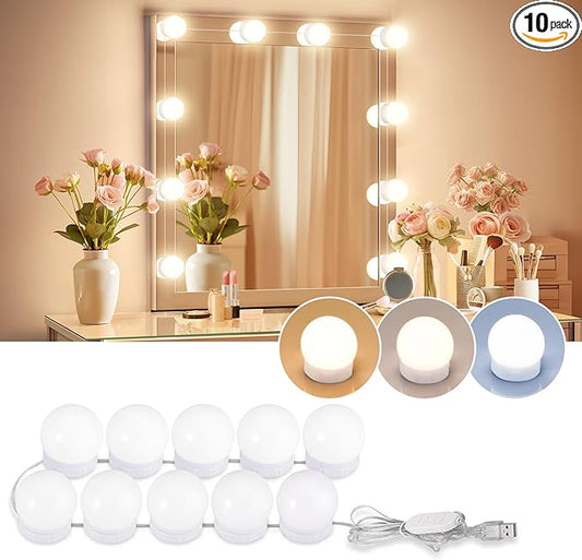 LED Vanity Lights For Mirror, Consciot Hollywood Style With 10 Dimmable Bulbs, Adjustable Color & Brightness, USB Cable, Stick on for Makeup Table Dressing Room Mirror