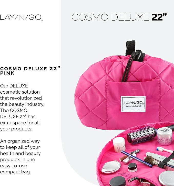 Lay-n-Go Cosmo Layflat Drawstring Cosmetic & Makeup Bag Organizer w/Zipper Pocket, Brush Loops & More, Cinch to Close, Lay Flat to Use, Durable, Machine Wash, Travel Toiletry Bag (22", Pink)
