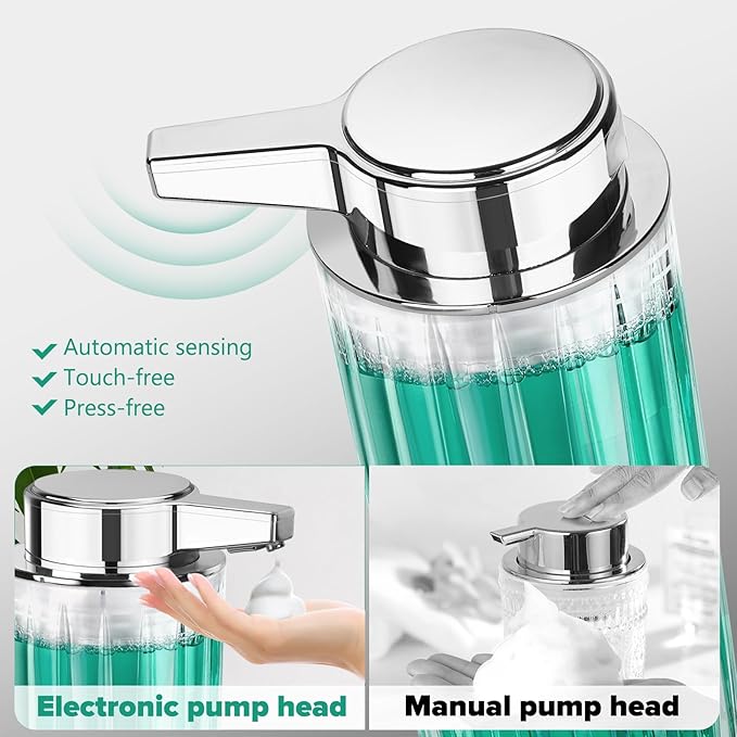 Automatic Soap Dispenser Foam for Kitchen: 11 OZ Glass Touchless Clear Auto Foaming Soap Dispenser for Bathroom - Hand Dish Lotion Home Countertop Kids - Family Couple