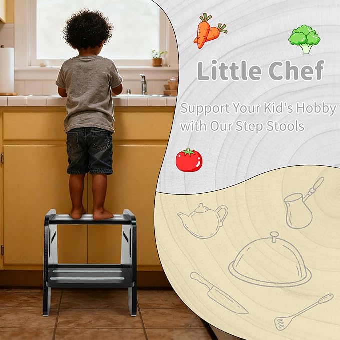 WOOD CITY Toddler Step Stool, Wooden 2 Step Stools for Bathroom Sink Potty Training Kitchen Dual Height Stool Helper for Kids Bonus Non-Slip Pads and Handles for Safety （Black）