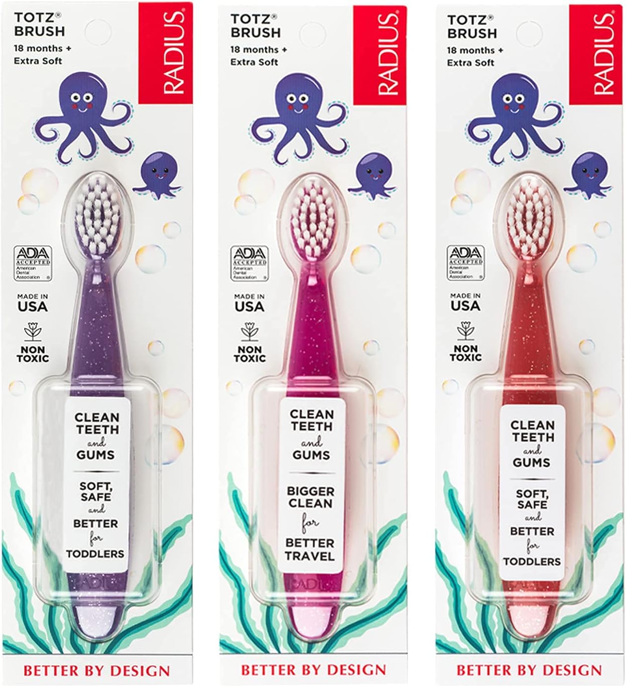 RADIUS Totz Toothbrush Extra Soft Brush BPA Free & ADA Accepted Designed for Delicate Teeth & Gums for Children 18 Months & Up - Purple Pink Coral - Pack of 3