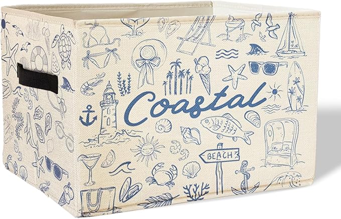 Beach Sea Storage Basket Organizer Bins With Handles,Summer Coastal Rustic Starfish Organizing Decorative Storage Basket,Collapsible Closet Shelf Cloth Organizer Basket for Bedroom Bathroom