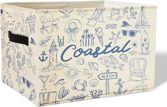 Beach Sea Storage Basket Organizer Bins With Handles,Summer Coastal Rustic Starfish Organizing Decorative Storage Basket,Collapsible Closet Shelf Cloth Organizer Basket for Bedroom Bathroom